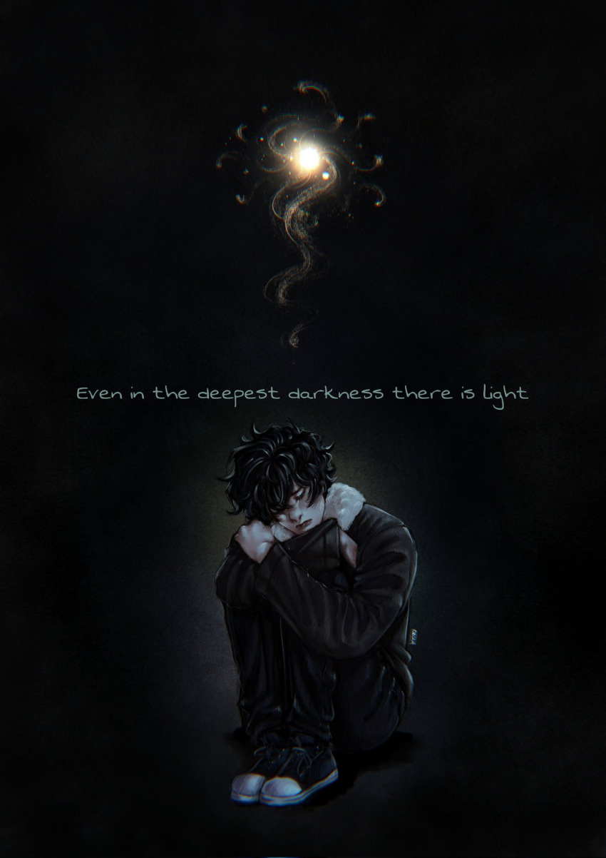 1boy, black_hair, black_jacket, closed_eyes, commentary, curled_up, english_text, full_body, fur_trim, head_down, highres, hugging_own_legs, jacket, male_focus, nico_di_angelo, oladushekcos, percy_jackson_and_the_olympians, shoes, short_hair, sitting, sneakers, solo