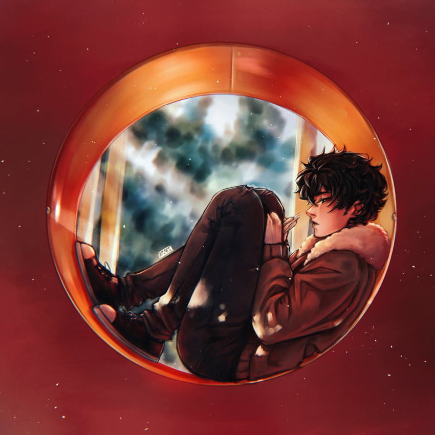 1boy, black_hair, blurry, blurry_background, brown_jacket, commentary, dappled_sunlight, expressionless, from_side, full_body, fur_trim, highres, holding, jacket, knees_up, light_particles, male_focus, nico_di_angelo, oladushekcos, percy_jackson_and_the_olympians, shoes, short_hair, sitting, sneakers, solo, sunlight