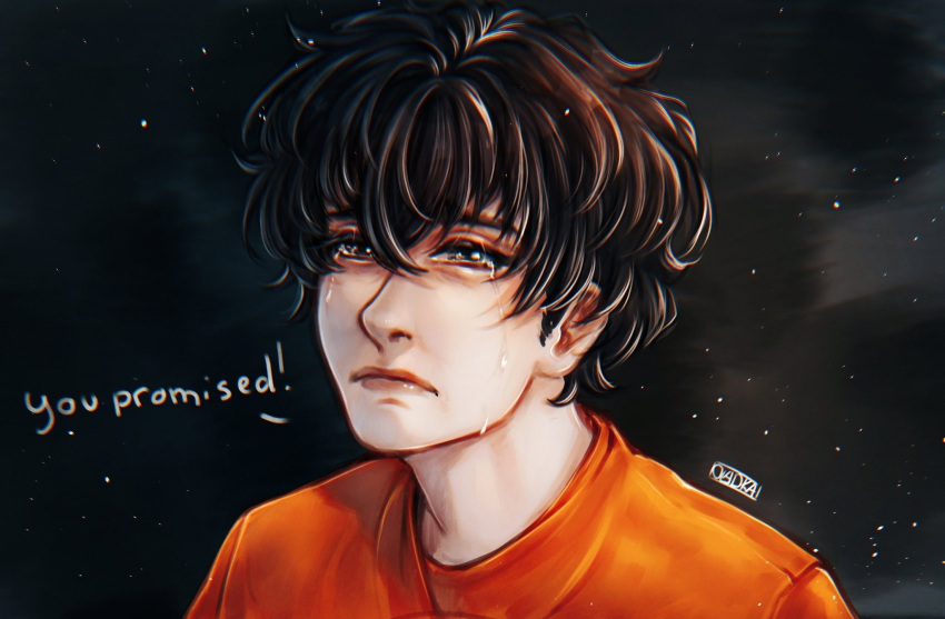 1boy, aegyo_sal, black_eyes, black_hair, crying, crying_with_eyes_open, english_text, frown