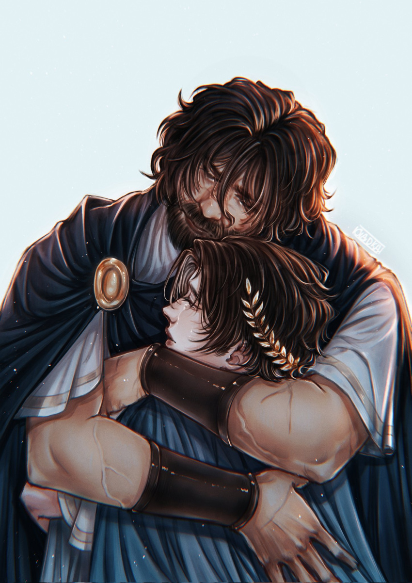 2boys, arm_guards, blue_cloak, brown_hair, cloak, closed_eyes, epic:_the_musical, father_and_son