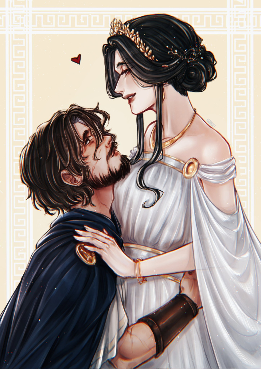1boy, 1girl, beard, black_hair, blue_cloak, brown_hair, cloak, dress, epic:_the_musical, facial_hair, hair_bun, hand_on_another's_shoulder, hands_on_another's_waist, hetero, highres, husband_and_wife, jewelry, long_sidelocks, looking_at_another, necklace, odysseus_(mythology), oladushekcos, penelope_(mythology), short_hair, sidelocks, smile, white_dress, wreath