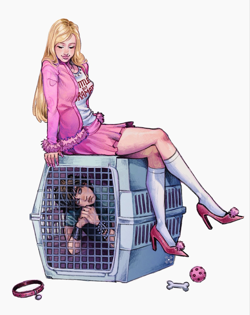 1boy, 1girl, animal_collar, blonde_hair, blue_eyeshadow, blue_shirt, bone, breasts