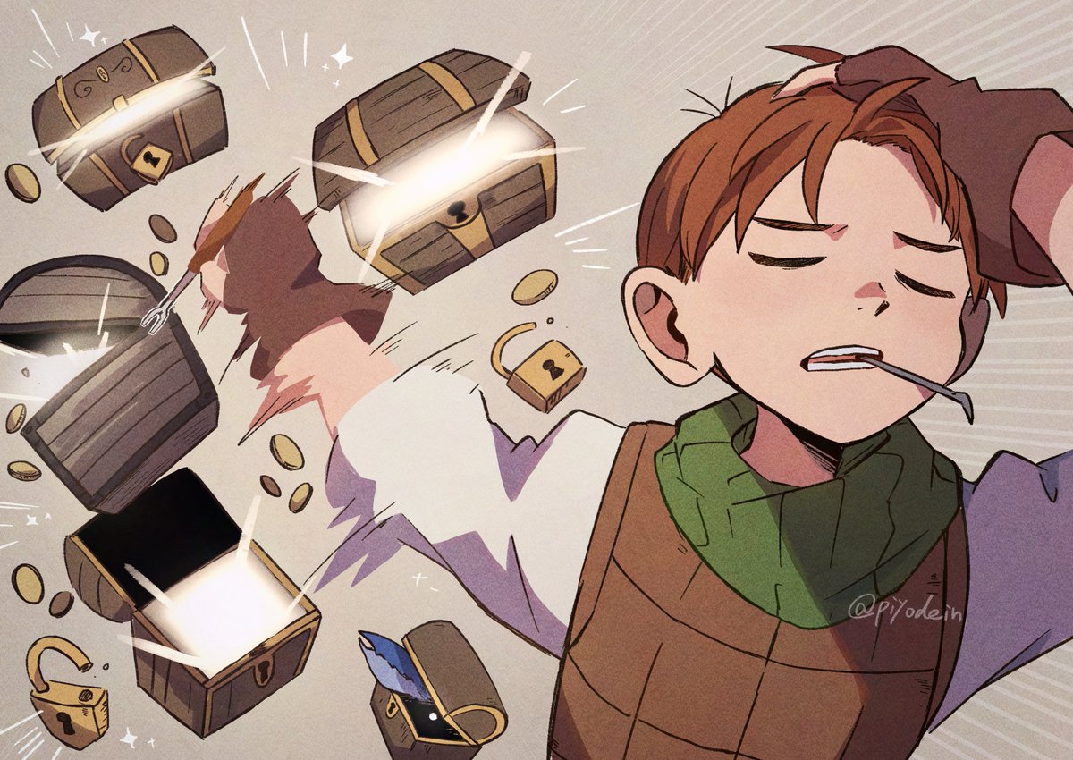 1boy, brown_gloves, brown_hair, brown_vest, chilchuck_tims, closed_eyes, coin, commentary_request