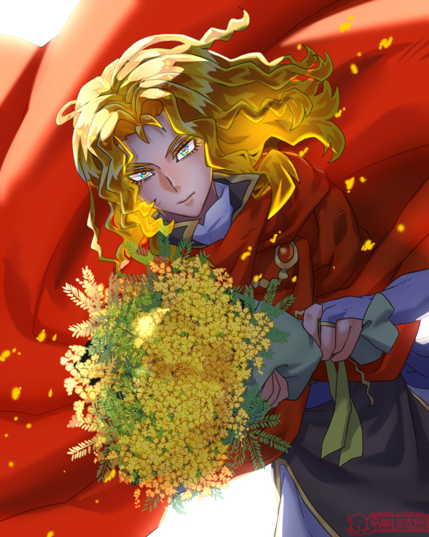 1boy, alternate_eye_color, arlen_(fire_emblem), blonde_hair, bouquet, cloak, closed_mouth, commentary_request