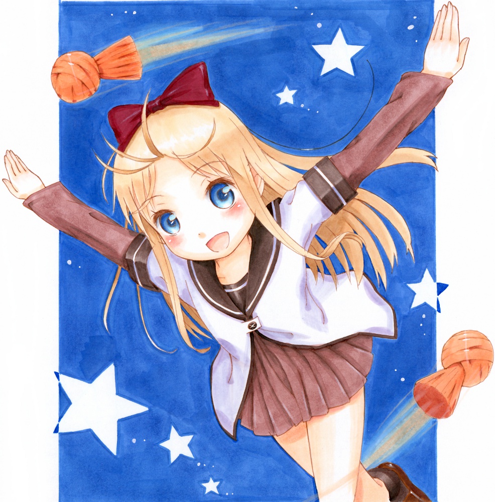 blue_eyes, bow, forehead, hair_bow, school_uniform, skirt, solo, star