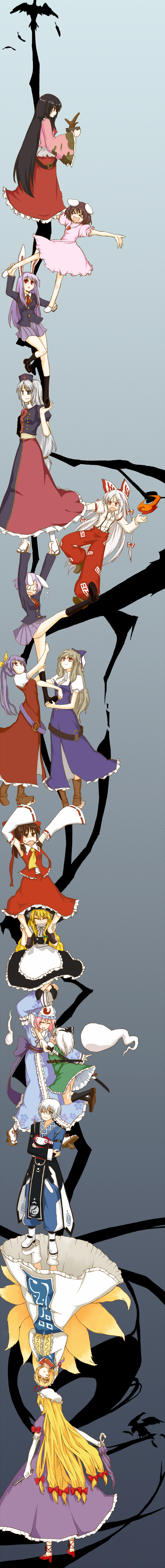 durarara!!, fujiwara_no_mokou, hakurei_reimu, highres, hitodama, houraisan_kaguya, human_tower, inaba_tewi, kirisame_marisa, konpaku_youmu, konpaku_youmu_(ghost), long_image, morichika_rinnosuke, parody, reisen, reisen_udongein_inaba, riwon, riwon_(junpei0122), saigyouji_yuyuko, silent_sinner_in_blue, tall_image, touhou, trust_me, watatsuki_no_toyohime, watatsuki_no_yorihime, yakumo_ran, yakumo_yukari