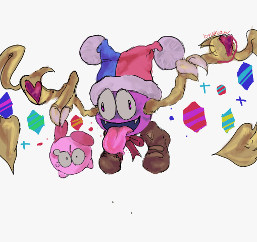 bow, bowtie, brown_shoes, colored_skin, fangs, hat, heart, jester_cap, kirby, kirby_(series), kirby_super_star, looking_at_viewer, marx_(kirby), no_humans, open_mouth, pink_skin, pom_pom_(clothes), purple_skin, red_bow, red_bowtie, shoes, simple_background, sparkle, sugarmenu, wall-eyed, white_background