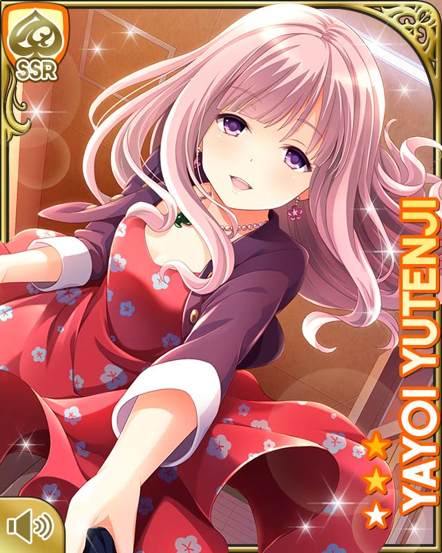 1girl, :d, card_(medium), character_name, dress, floral_print, floral_print_dress, girlfriend_(kari)