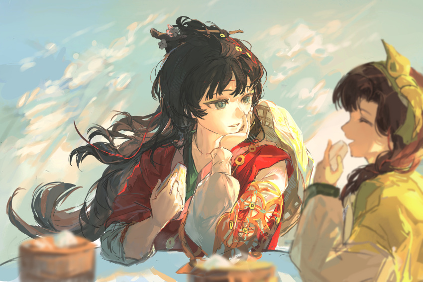 2girls, absurdres, black_hair, blue_background, blue_eyes, blurry, blurry_foreground, cake