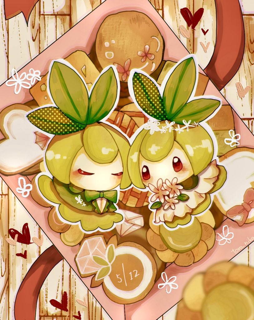 blush, box, closed_eyes, commentary_request, cookie, food, heart, no_humans, petilil, pokemon, pokemon_(creature), pokemon_focus, red_eyes, ribbon, toro_nika, wooden_floor
