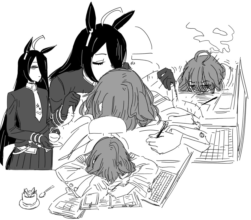2girls, agnes_tachyon_(umamusume), ahoge, animal_ears, blunt_ends, closed_eyes, computer, cup, hand_on_own_stomach, head_on_table, head_steam, highres, horse_ears, horse_girl, hpar, kiss, laptop, long_hair, manhattan_cafe_(umamusume), motion_lines, multiple_girls, paper, plate, sleeping, spoon, umamusume, very_long_hair