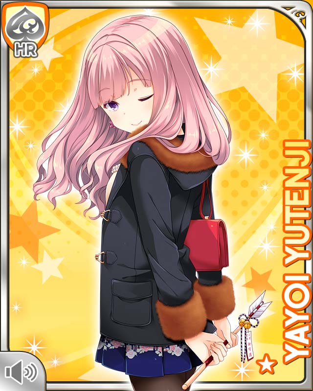1girl, ;), arrow_(projectile), black_coat, black_pantyhose, blue_skirt, card_(medium), character_name