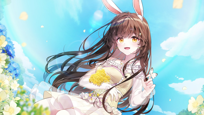 1girl, animal_ear_fluff, animal_ears, blue_flower, blue_sky, bow, bow_earrings, breasts