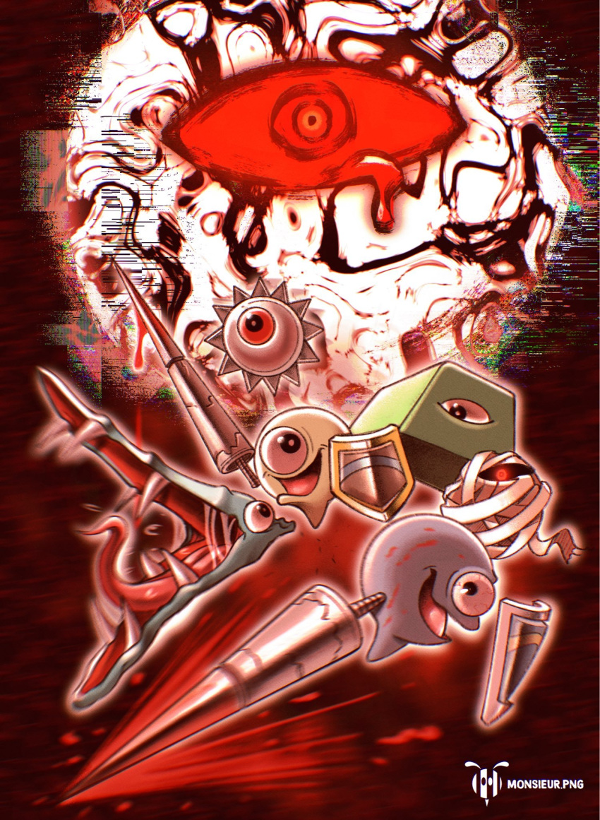 artist_logo, blood, blood_from_eyes, ghost_knight_(kirby), highres, i3_(kirby), kennydotpng, kirby_(series), kirby_64, lance, logo, looking_at_viewer, maw_(kirby), monsieurdotpng, mumbies_(kirby), no_humans, one-eyed, open_mouth, polearm, red_background, red_theme, saliva, sawyer_(kirby), shield, tongue, trait_connection, weapon, zero_two_(kirby)