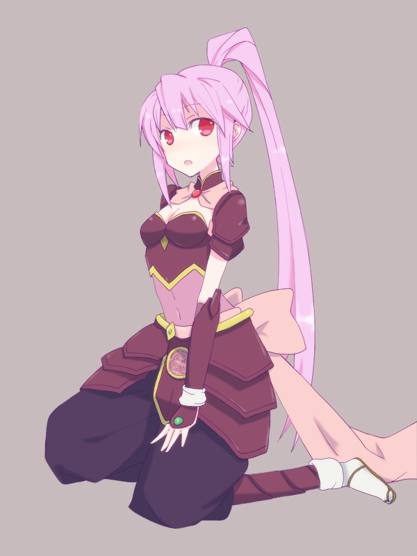 bow, kneeling, long_hair, pee_(pixiv4293), pink_hair, ponytail, red_eyes, sengoku_otome
