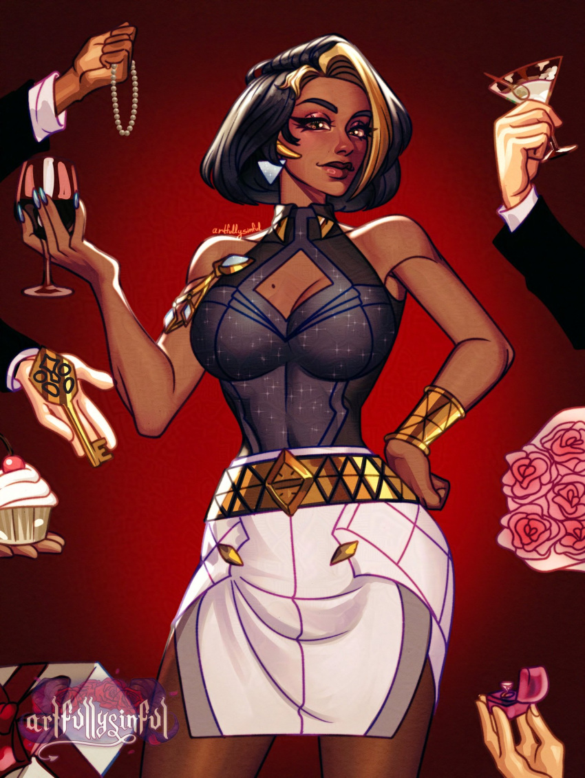 1girl, 5boys, artfullysinful, blonde_hair, bob_cut, box, breast_cutout, breasts, cleavage_cutout, clothing_cutout, cup, cupcake, dark-skinned_female, dark_skin, domina_(overwatch), drinking_glass, eyeshadow, food, gift, gift_box, giving, giving_flower, giving_food, giving_key, highres, incoming_gift, jewelry, key, large_breasts, looking_at_viewer, makeup, martini, miniskirt, multicolored_hair, multiple_boys, necklace, overwatch, pearl_necklace, ring, short_hair, single_bracer, skirt, two-tone_hair, white_skirt, wine_glass