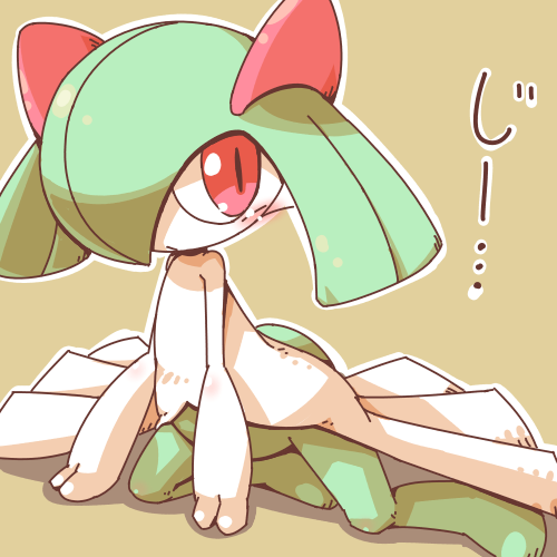 blush, colored_skin, commentary_request, crepix, green_hair, green_skin, hair_over_one_eye, horns