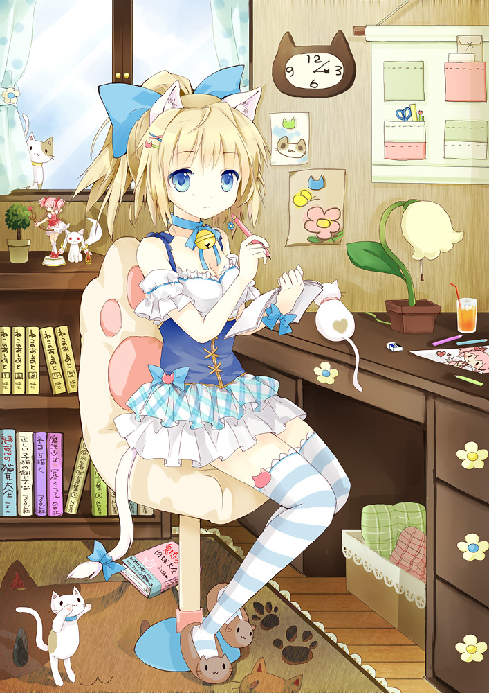 animal_ears, bell, blonde_hair, blue_eyes, book, bow, breasts, cat