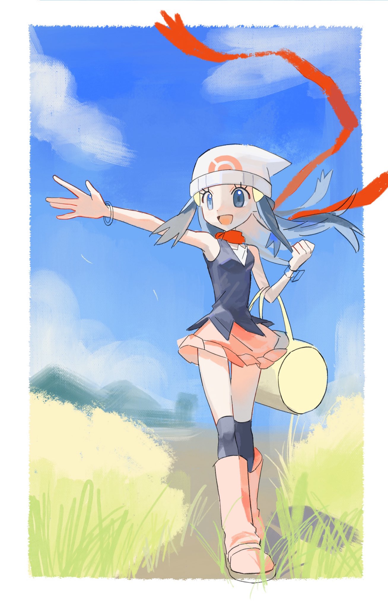1girl, :d, beanie, black_hair, black_shirt, black_socks, blue_eyes, blue_sky, boots, border, commentary_request, full_body, grass, hair_ornament, hairclip, hat, highres, hikari_(pokemon), korean_commentary, long_hair, looking_at_viewer, open_mouth, outdoors, outstretched_arm, pink_boots, pink_skirt, poke_ball_symbol, pokemon, pokemon_dppt, red_scarf, ru_oo0o, scarf, shirt, simple_background, skirt, sky, sleeveless, smile, socks, solo, standing, white_border, white_hat