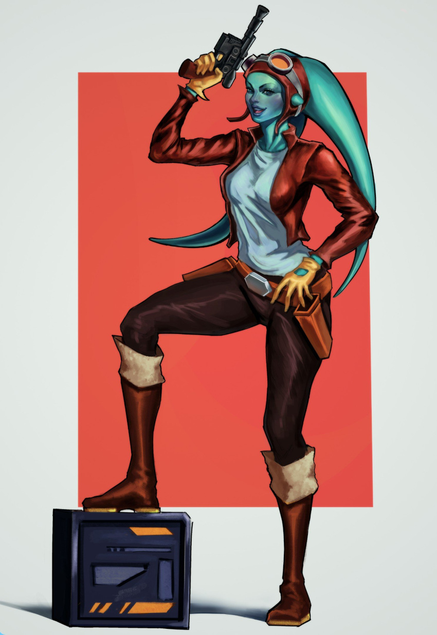 1girl, alien, aqua_skin, blue_eyes, boots, brown_boots, brown_gloves, brown_jacket, brown_pants, colored_skin, cropped_jacket, david_dosaan, full_body, gloves, gun, highres, holding, holding_gun, holding_weapon, jacket, lekku_(anatomy), open_clothes, open_jacket, open_mouth, pants, shirt, solo, star_wars, twi'lek, weapon, white_shirt