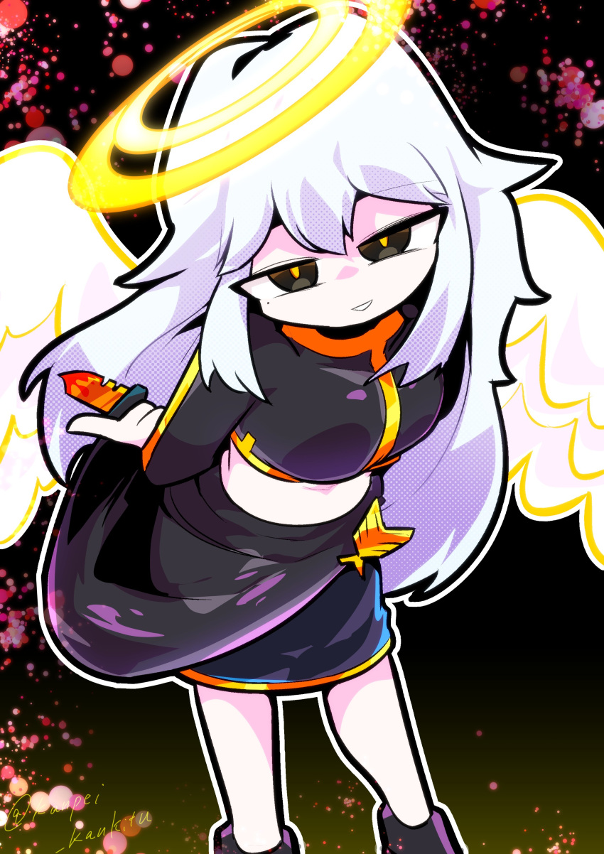 1girl, absurdres, angel_wings, black_boots, black_jacket, boots, breasts, clenched_teeth, cropped_jacket, double-parted_bangs, double_halo, feathered_wings, feet_out_of_frame, friday_night_funkin', from_above, hair_between_eyes, halo, hashtag-only_commentary, highres, holding, holding_behind_back, holding_knife, holding_knife_behind_back, holding_weapon, jacket, kanpei_kankitu, knife, long_hair, long_sleeves, looking_at_viewer, medium_breasts, miniskirt, mole, mole_under_eye, navel, pencil_skirt, rhythmic_revolution, shiro_(rhythmic_revolution), signature, skirt, smile, solo, standing, teeth, weapon, white_hair, wings, yellow_eyes, yellow_halo, yellow_wings