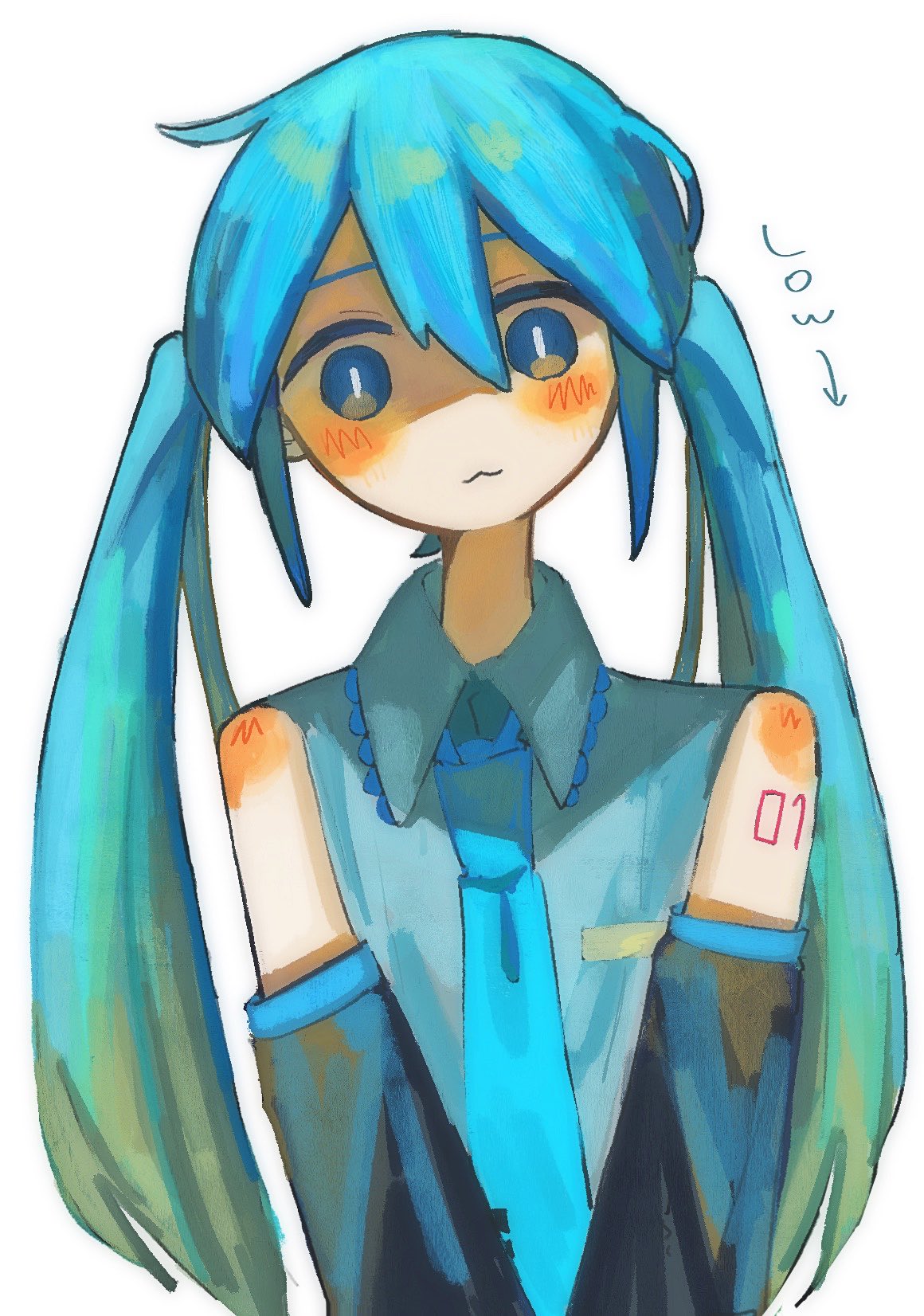 1girl, :3, aqua_eyes, aqua_necktie, arm_tattoo, bare_shoulders, blue_eyes, blush