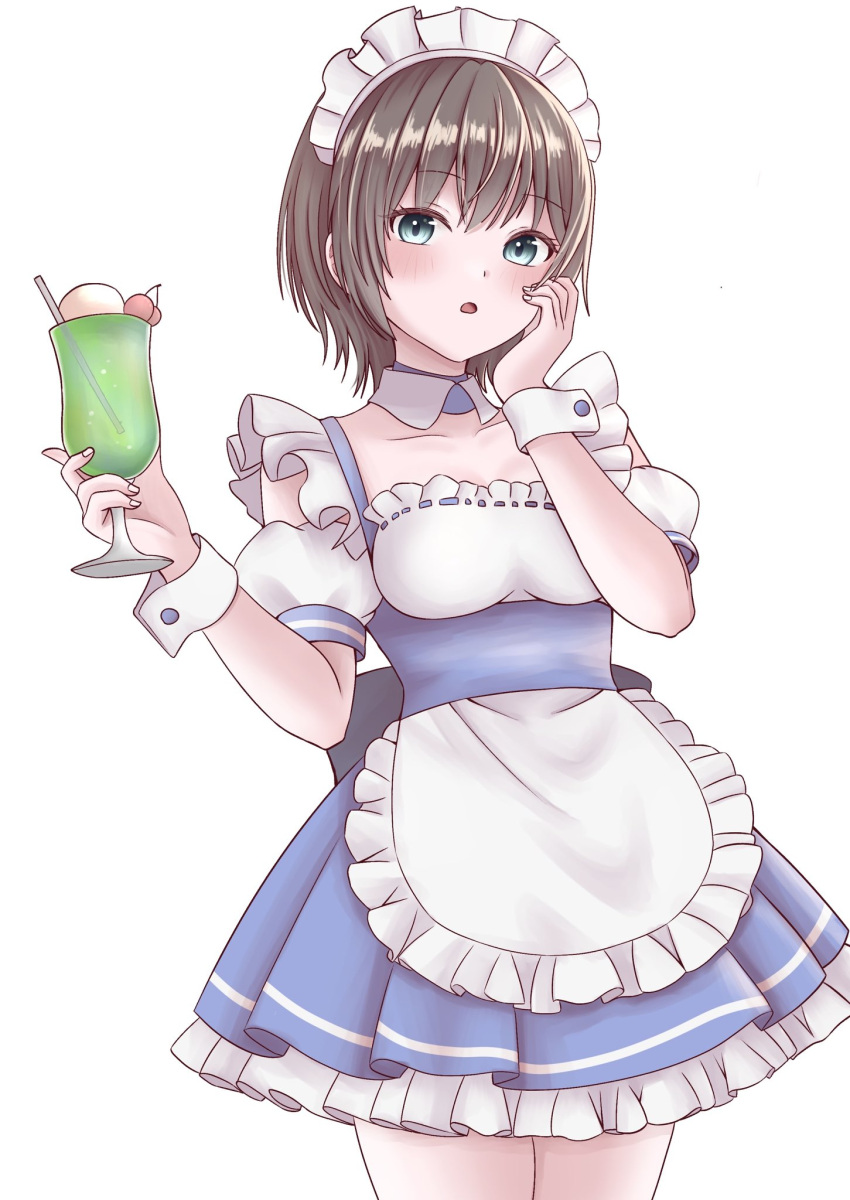 aoi_erika, black_hair, blue_eyes, cup, hand_on_own_cheek, hand_on_own_face, heaven_burns_red, highres