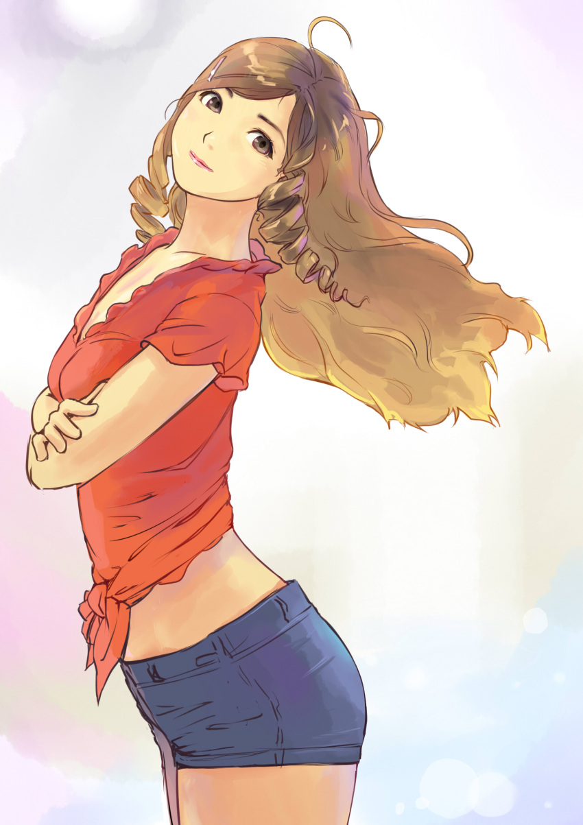 brown_eyes, brown_hair, carina_(xiaowoo), collarbone, crossed_arms, denim, denim_shorts, drill_hair