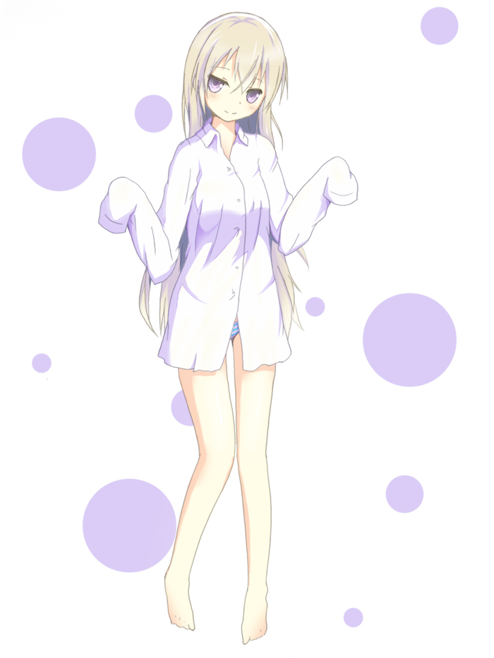 bare_legs, barefoot, blonde_hair, blush, dress_shirt, eila_ilmatar_juutilainen, ende_(artist), long_hair, no_pants, panties, purple_eyes, shirt, sleeves_past_wrists, smile, solo, strike_witches, striped, striped_panties, underwear, violet_eyes
