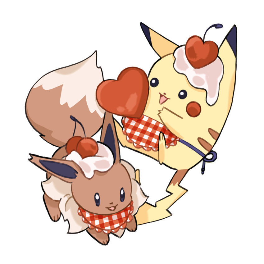 animal_focus, apron, black_eyes, cherry, eevee, english_commentary, food, fruit, heart, mjoyart, morozoff, no_humans, open_mouth, pikachu, pikachu_(assorted_chocolates_2024), pokemon, pokemon_(creature), pokemon_focus, simple_background, smile, whipped_cream, white_background