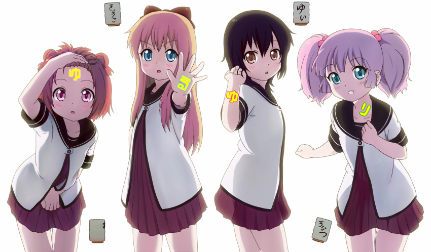 akaza_akari, backlighting, blonde_hair, blue_eyes, bow, brown_eyes, brown_hair, cup