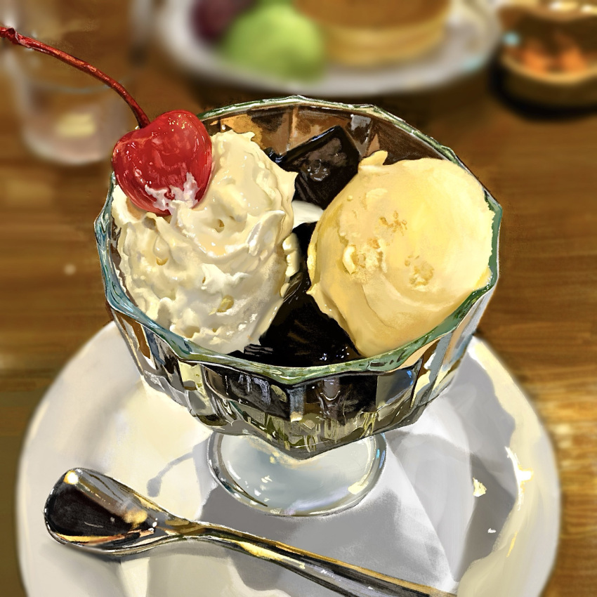blurry, blurry_background, cherry, coffee_jello, commentary_request, food, food_focus, fruit