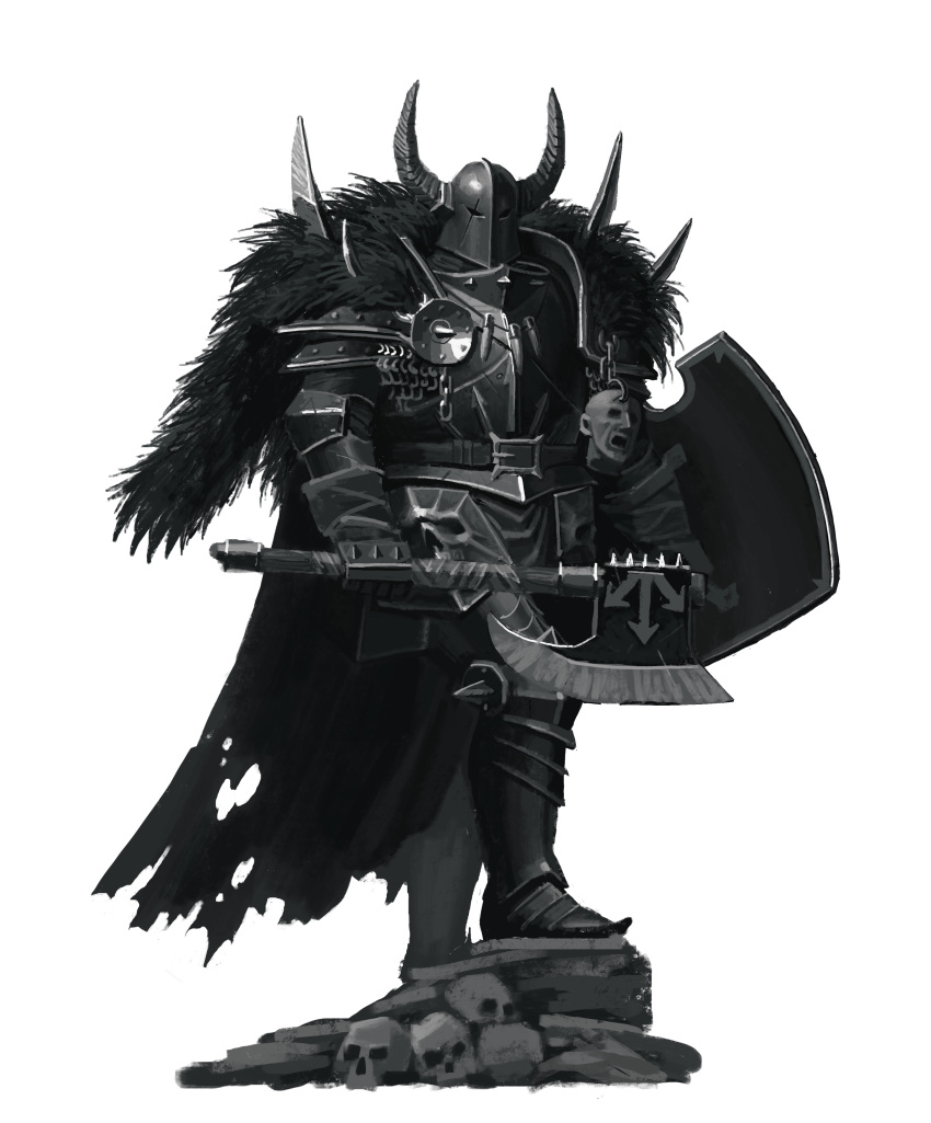 absurdres, armor, armored_boots, axe, boots, cape, chainmail, chaos_(warhammer), fake_horns, fur_cape, gauntlets, greyscale, helmet, highres, holding, holding_axe, holding_shield, horned_helmet, horns, jyc7707, monochrome, shield, shoulder_spikes, skull, spikes, warhammer_fantasy, warrior_of_chaos, white_background