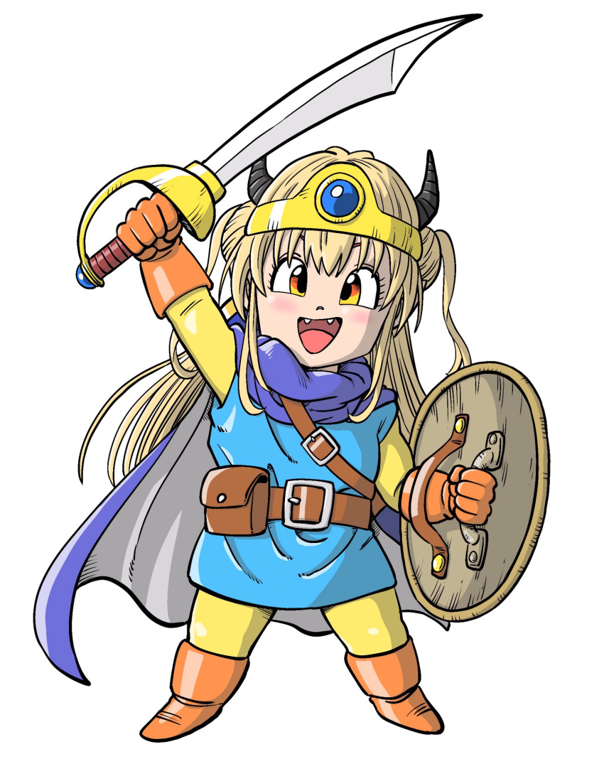 1girl, belt_pouch, black_horns, blonde_hair, boots, cape, circlet, commentary_request