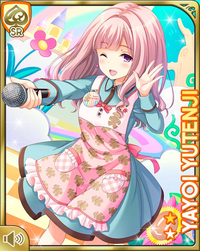 1girl, ;d, apron, blue_dress, card_(medium), character_name, doguu, dress, earrings, flower_earrings, girlfriend_(kari), holding, holding_microphone, jewelry, looking_at_viewer, microphone, official_art, one_eye_closed, pink_apron, pink_hair, print_apron, qp:flapper, skirt, smile, solo, standing, violet_eyes, yutenji_yayoi