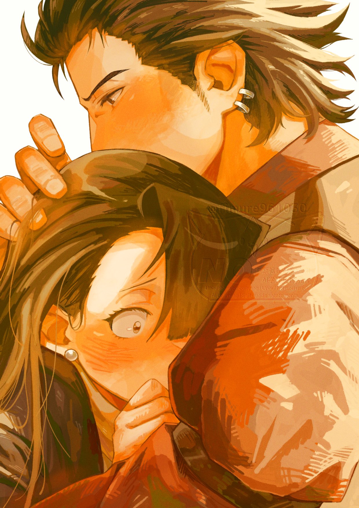 1boy, 1girl, ace_attorney, black_eyes, black_hair, black_jacket, collared_shirt, commentary_request, couple, diego_armando, earrings, fimure961030, hand_up, hetero, highres, hug, jacket, jewelry, long_hair, mia_fey, phoenix_wright:_ace_attorney_-_trials_and_tribulations, profile, red_shirt, shirt, simple_background, upper_body, white_background
