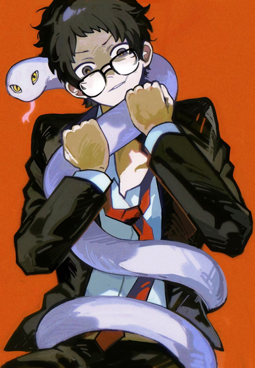 1boy, adachi_tooru, animalization, black_hair, black_jacket, black_pants, commentary_request, glasses