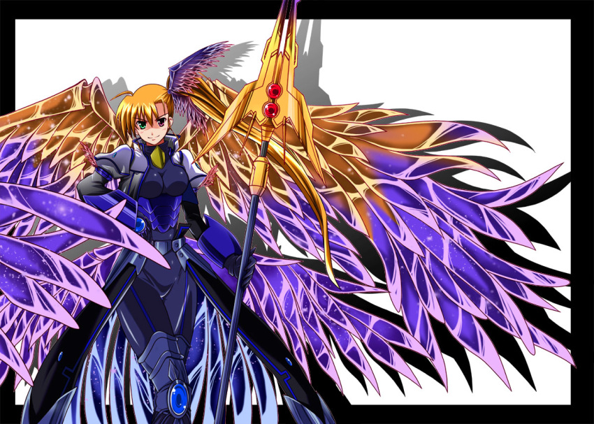 armor, heterochromia, mahou_shoujo_lyrical_nanoha, mahou_shoujo_lyrical_nanoha_strikers, staff, vivio, wings, zakkii
