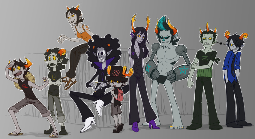 2girls, 6+boys, alternate_species, backpack, bag, black_shirt, blue_shirt, brook_(one_piece), crossover, fangs, franky_(one_piece), grey_background, homestuck, horns, mechanical_arms, monkey_d._luffy, multiple_boys, multiple_girls, nami_(one_piece), nico_robin, one_piece, orange_horns, orange_shirt, pointy_ears, roronoa_zoro, sanji_(one_piece), scar, scar_on_face, sharp_teeth, shirt, skull_facepaint, spade_(shape), straw_hat_pirates, syblatortue, teeth, tony_tony_chopper, troll_(homestuck), usopp