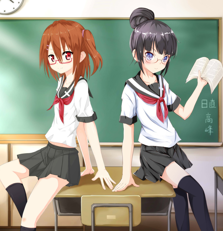 black_hair, black_legwear, blue_eyes, blush, book, brown_hair, chalkboard, clock