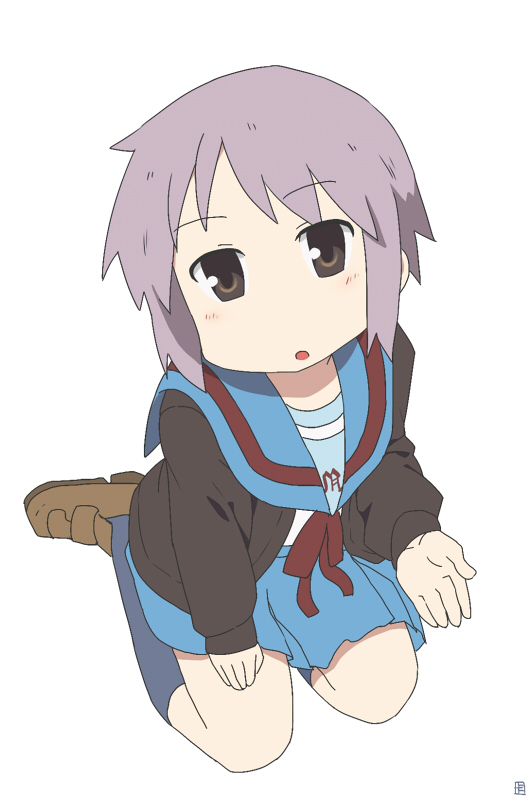 a-ka, arawi_keiichi_(style), company_connection, kneeling, kyoto_animation, nagato_yuki, nichijou, parody