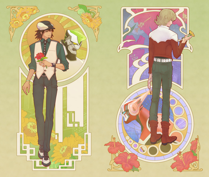 art_deco, art_nouveau, barnaby_brooks_jr, belt, blonde_hair, boots, bracelet, brown_eyes, brown_hair, cabbie_hat, chrom023, facial_hair, flower, glasses, green_eyes, hat, highres, jacket, jewelry, kaburagi_t_kotetsu, male, multiple_boys, necktie, power_armor, power_suit, red_jacket, short_hair, stubble, studded_belt, superhero, tiger_&amp;_bunny, vest, watch, wild_tiger, wristwatch