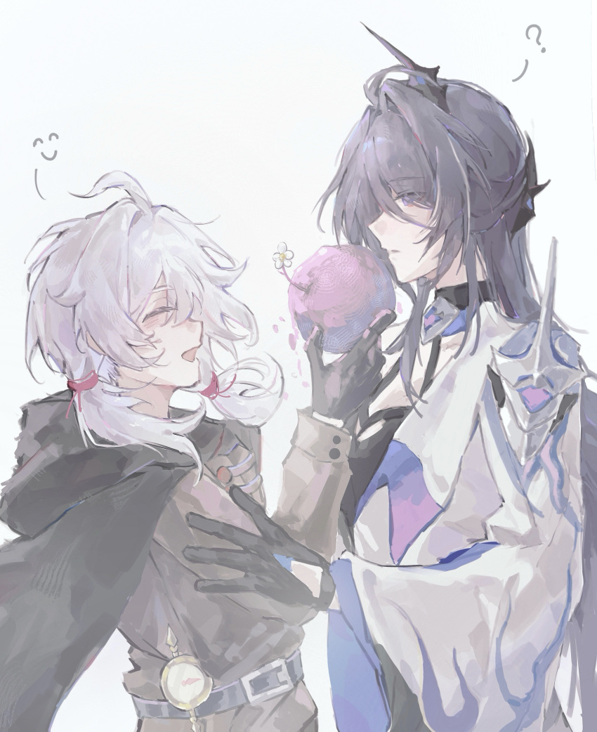 2girls, ?, absurdres, acheron_(honkai:_star_rail), ahoge, alternate_costume, armor, belt, chinese_commentary, cloak, closed_eyes, commentary_request, confused, food, from_side, fruit, gloves, hair_ornament, hair_over_one_eye, happy, highres, honkai:_star_rail, honkai_(series), honkai_impact_3rd, hood, hooded_cloak, jacket, kiana_kaslana, long_hair, long_sleeves, multiple_girls, nuomizhiaigaojuanxingya, open_clothes, open_jacket, open_mouth, peach, purple_hair, shoulder_armor, simple_background, twintails, violet_eyes, white_hair