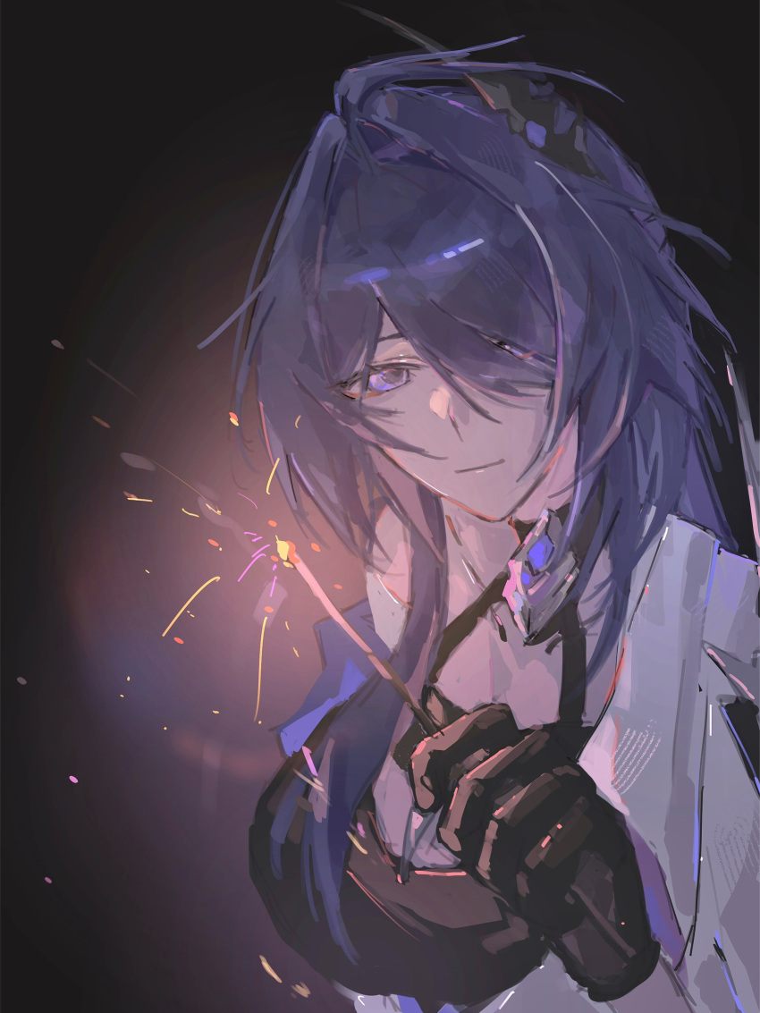 1girl, absurdres, acheron_(honkai:_star_rail), ahoge, black_gloves, chinese_commentary, choker, commentary_request, crop_top, gloves, glowing, hair_ornament, hair_over_one_eye, highres, holding, holding_fireworks, honkai:_star_rail, honkai_(series), jacket, light_smile, long_hair, looking_at_viewer, nuomizhiaigaojuanxingya, open_clothes, open_jacket, purple_hair, simple_background, strap, violet_eyes