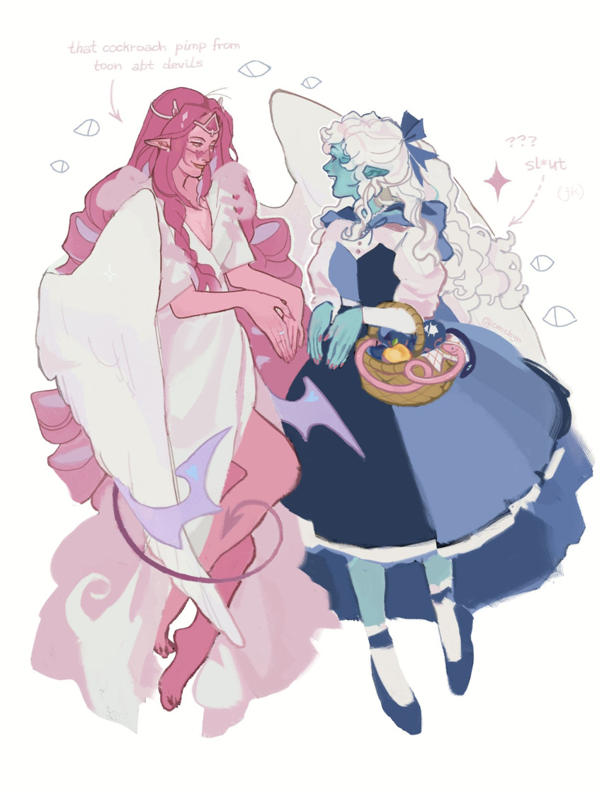 aqua_sclera, asymmetrical_eyelashes, basket, blue_dress, blue_eyes, blue_skin, cloak, colored_sclera, colored_skin, cookie_run, cookie_run:_kingdom, disguise, dress, eternal_sugar_cookie, heterochromia, highres, holding, hood, humanization, lady_in_azure, long_hair, long_sleeves, omchyn, shadow_milk_cookie, simple_background, slit_pupils, smile, very_long_hair, white_hair