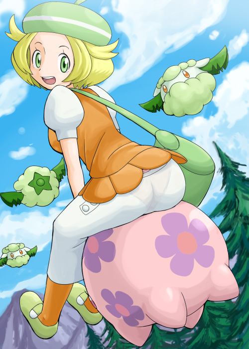 1girl, bel_(pokemon), bell_(pokemon), blonde_hair, cloud, clouds, cottonee, forest
