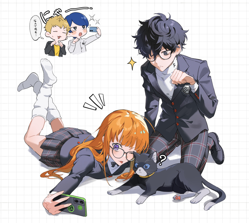 1girl, 3boys, ?, absurdres, amamiya_ren, bibi_booom, black_cat, black_hair
