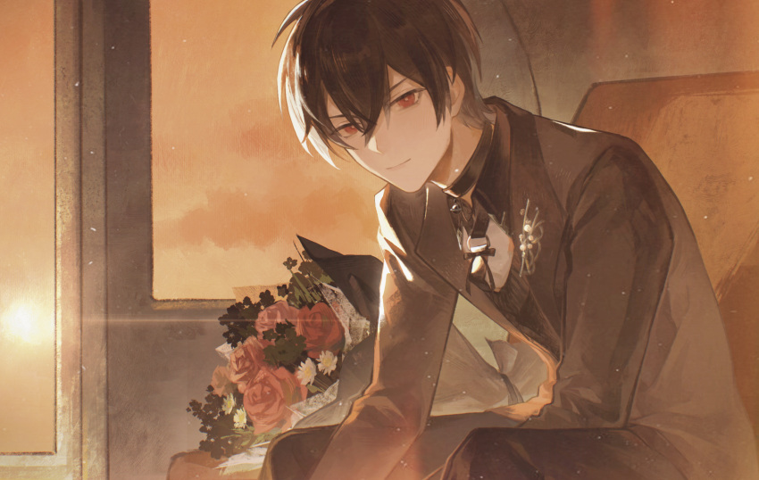 >:), 1boy, absurdres, ayn_alwyn, ayn_alwyn_(flowers_and_poetry), belt_collar, black_collar, black_hair