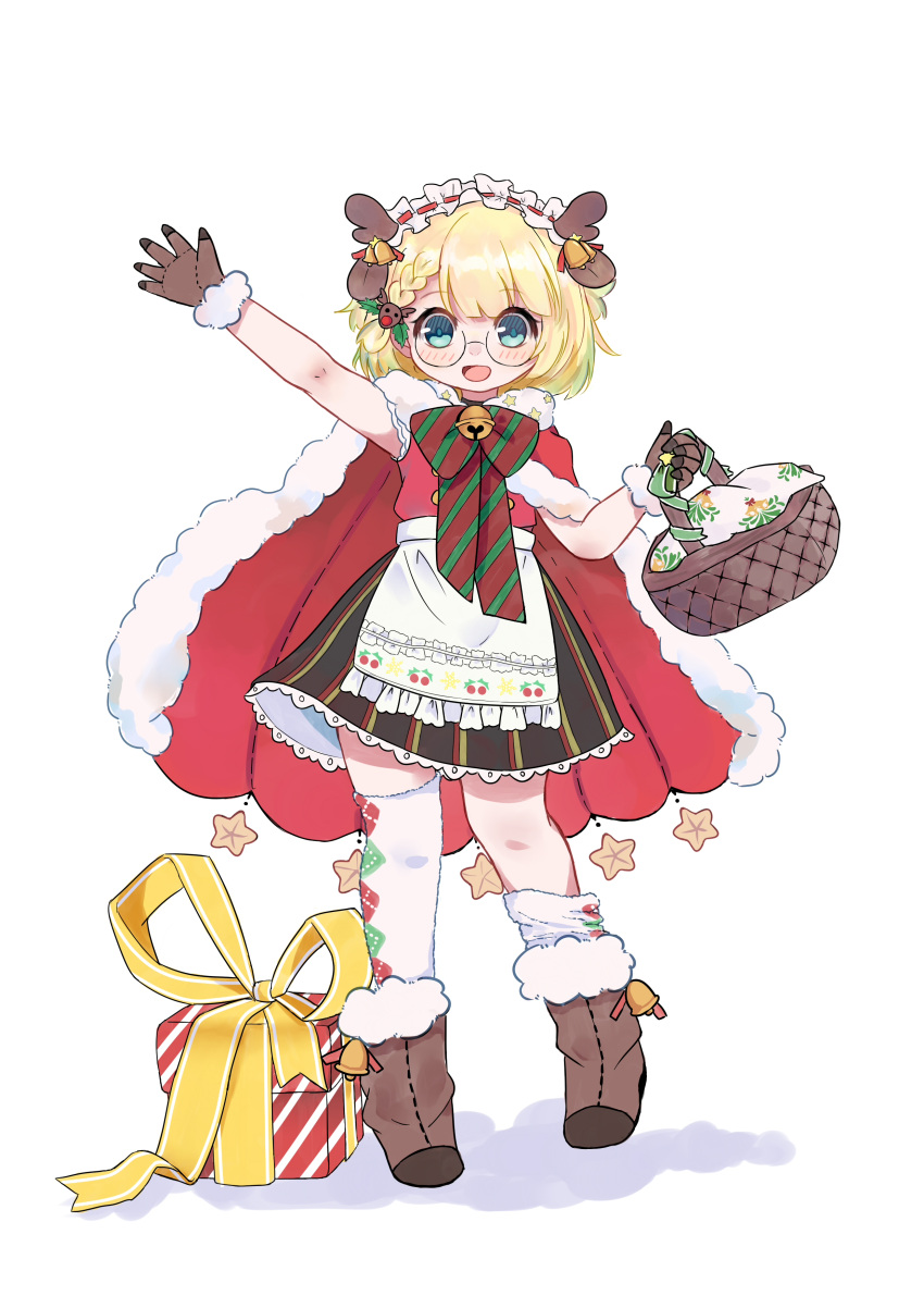 1girl, absurdres, animal_ear_hairband, animal_ears, antlers, apron, argyle_clothes, argyle_socks
