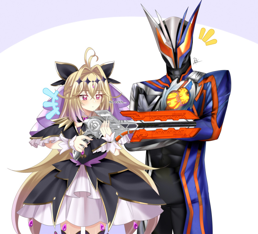 1boy, 1girl, absurdres, ahoge, battlesuit, black_bodysuit, black_ribbon, blonde_hair